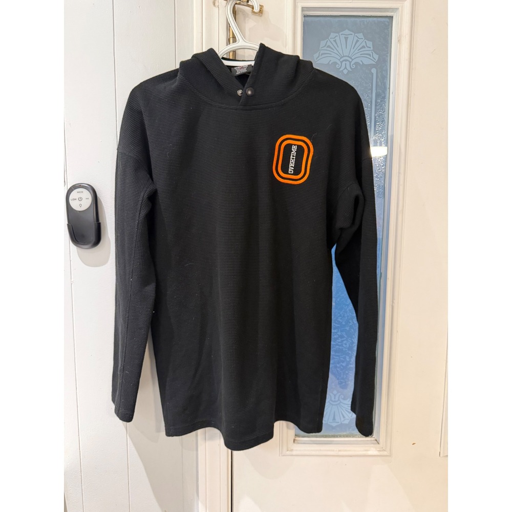 Overtime Waffle Knit Thermal Hoodie Black Orange Logo Snap Neck Mens Small